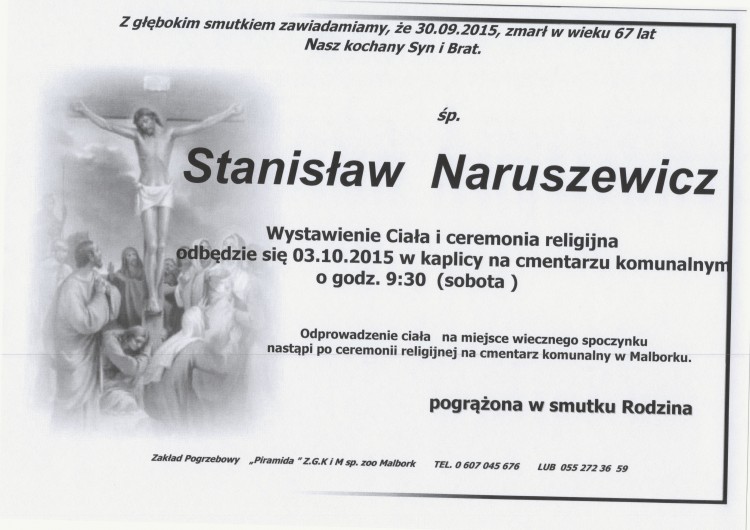 Zmarł Stanisław Naruszewicz. Żyła 67 lat.