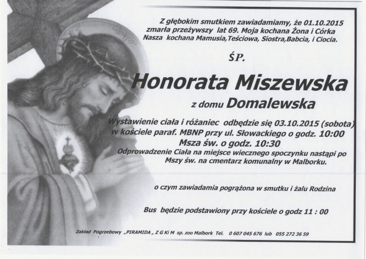 Zmarła Honorata Miszewska. Żyła 69 lat.