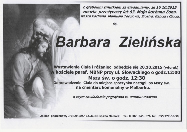 Zmarła Barbara Zielińska. Żył 63 lata.