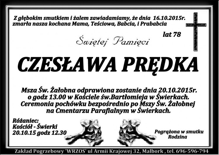 Zmarła Czesława Prędka. Żył 78 lat.