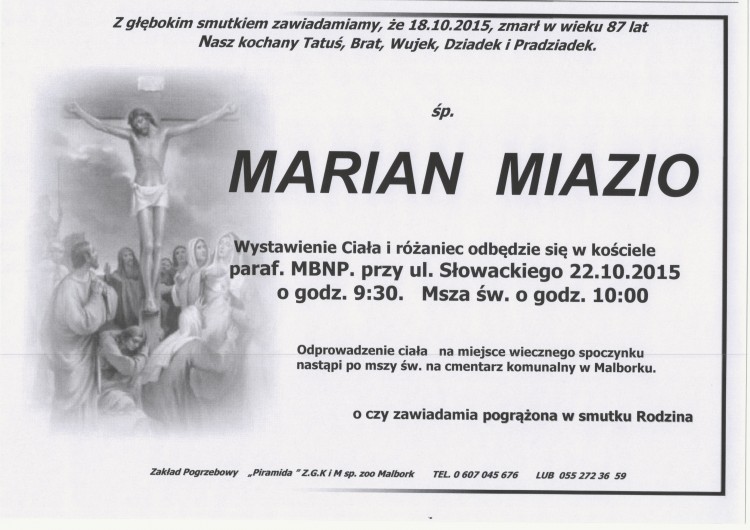 Zmarł Marian Miazio. Żył 87 lat.