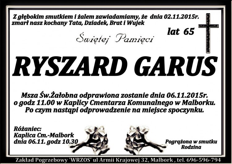 Zmarł Ryszard Garus. Żył 65 lat.