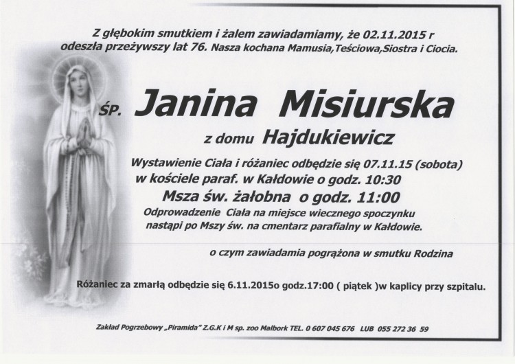 Zmarła Janina Misiurska. Żyła 76 lat.