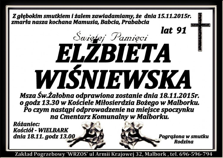 Zmarła Elżbieta Wiśniewska. Żyła 91 lat.