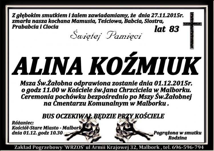 Zmarła Alina Koźmiuk. Żyła 83 lata.