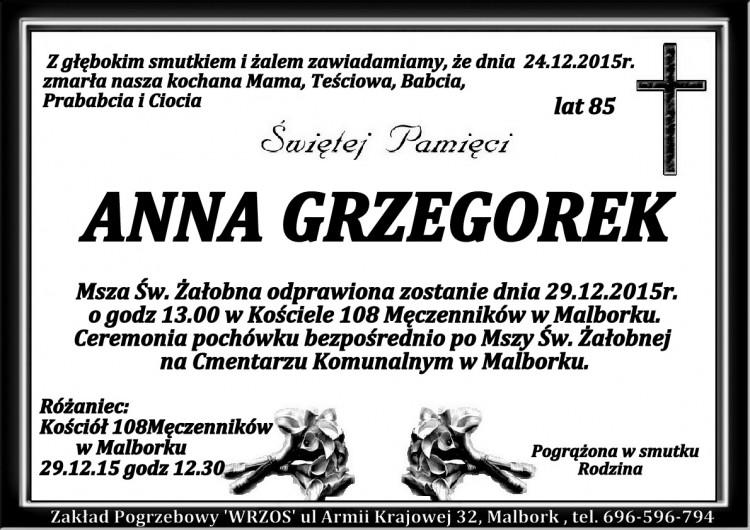 Zmarła Anna Grzegorek. Żyła 85 lat. 