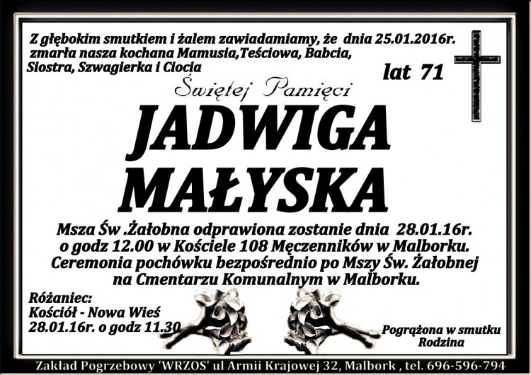 Zmarła Jadwiga Małyska. Żyła 71 lat.