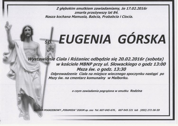 Zmarła Eugenia Górska. Żyła 84 lata.