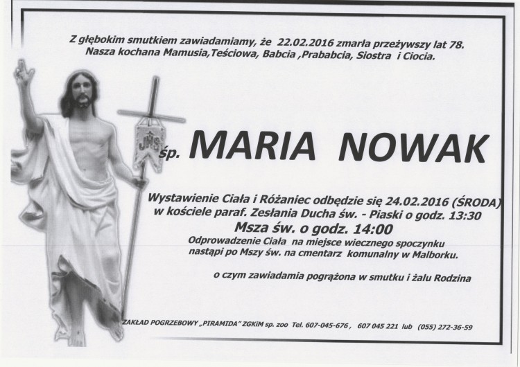 Zmarła Maria Nowak. Żyła 78 lat.