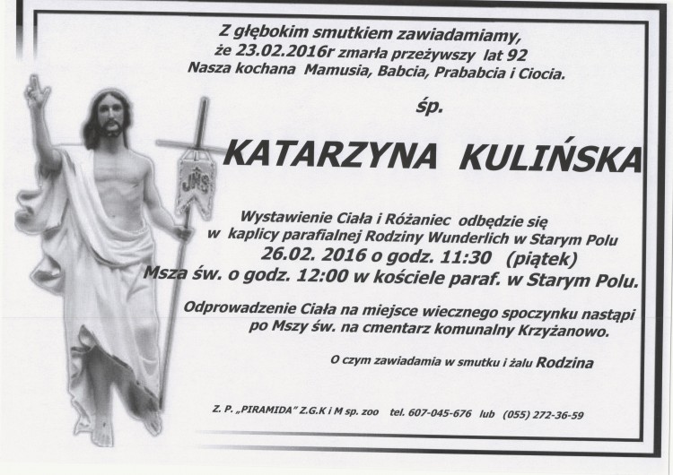 Zmarła Katarzyna Kulińska. Żyła 92 lata.