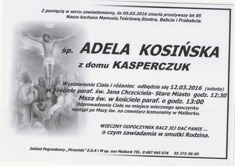 Zmarła Adela Kosińska. Żyła 85 lat.