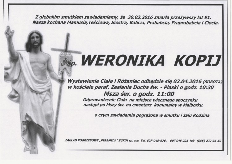 Zmarła Weronika Kopij. Żyła 91 lat.