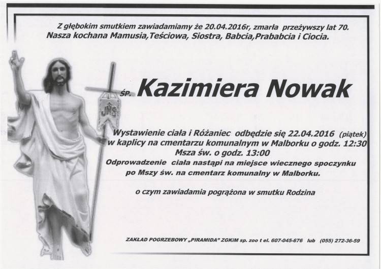 Zmarła Kazimiera Nowak. Żyła 70 lat.