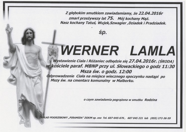 Zmarł Werner Lamla. Żył 75 lat.