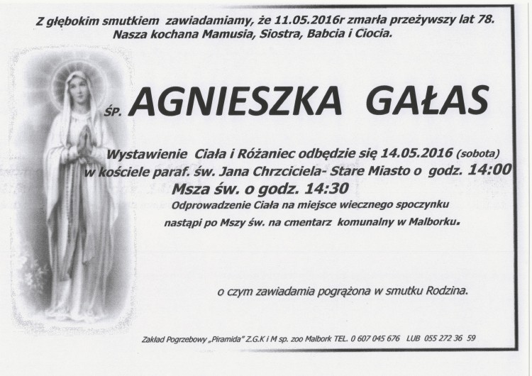 Zmarła Agnieszka Gałas. Żyła 78 lat.