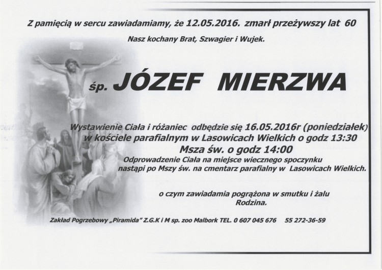 Zmarł Józef Mierzwa. Żył 60 lat.