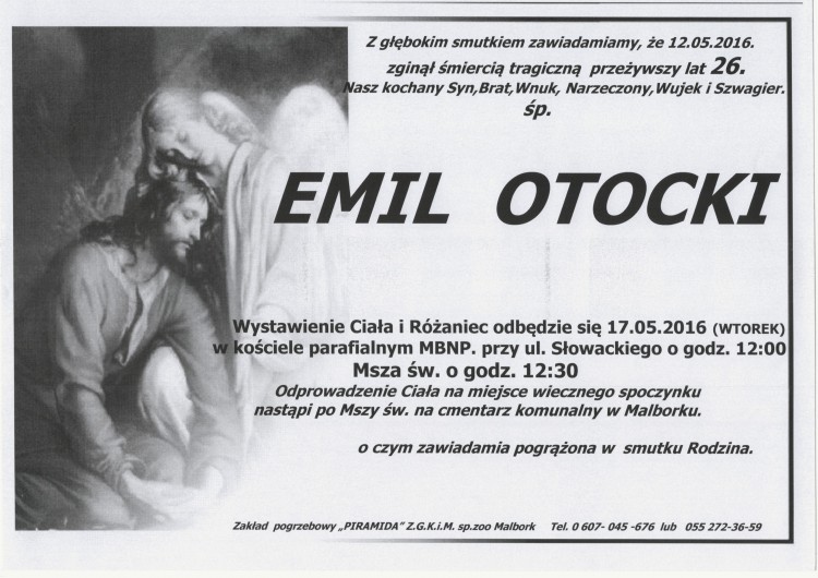 Zmarł Emil Otocki. Żył 26 lat.