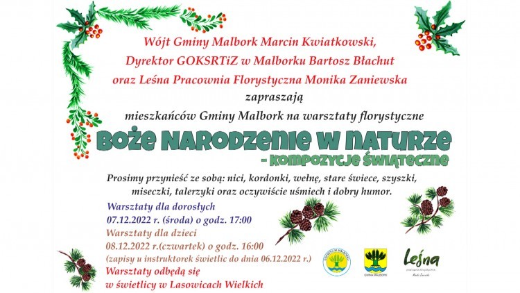 Gmina Malbork. Boże Narodzenie w naturze – warsztaty florystyczne dla dzieci i dorosłych.