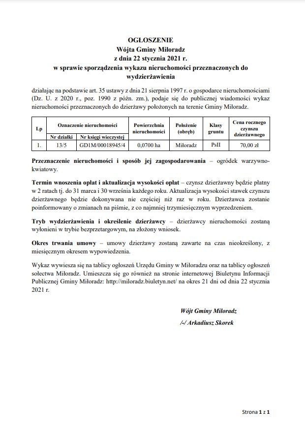 Ogłoszenie Wójta Gminy Miłoradz z dnia 22 stycznia 2021 r. w sprawie sporządzenia wykazu nieruchomości przeznaczonych do wydzierżawienia.