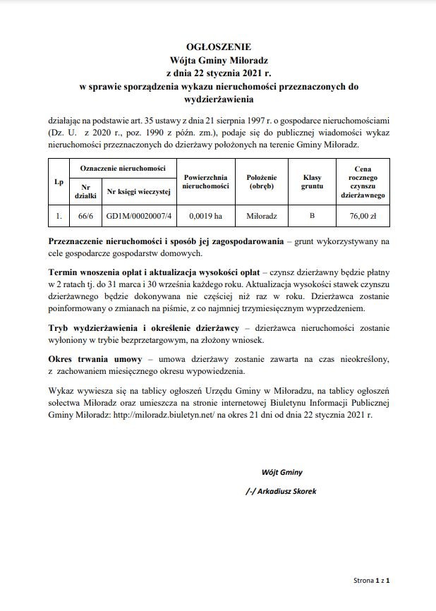 Ogłoszenie Wójta Gminy Miłoradz z dnia 22 stycznia 2021 r. w sprawie sporządzenia wykazu nieruchomości przeznaczonych do wydzierżawienia.