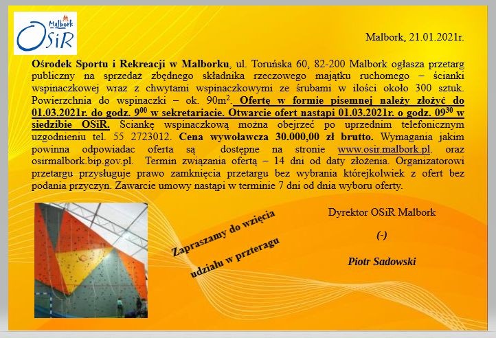 Ogłoszenie OSiR Malbork w sprawie przetargu publicznego.