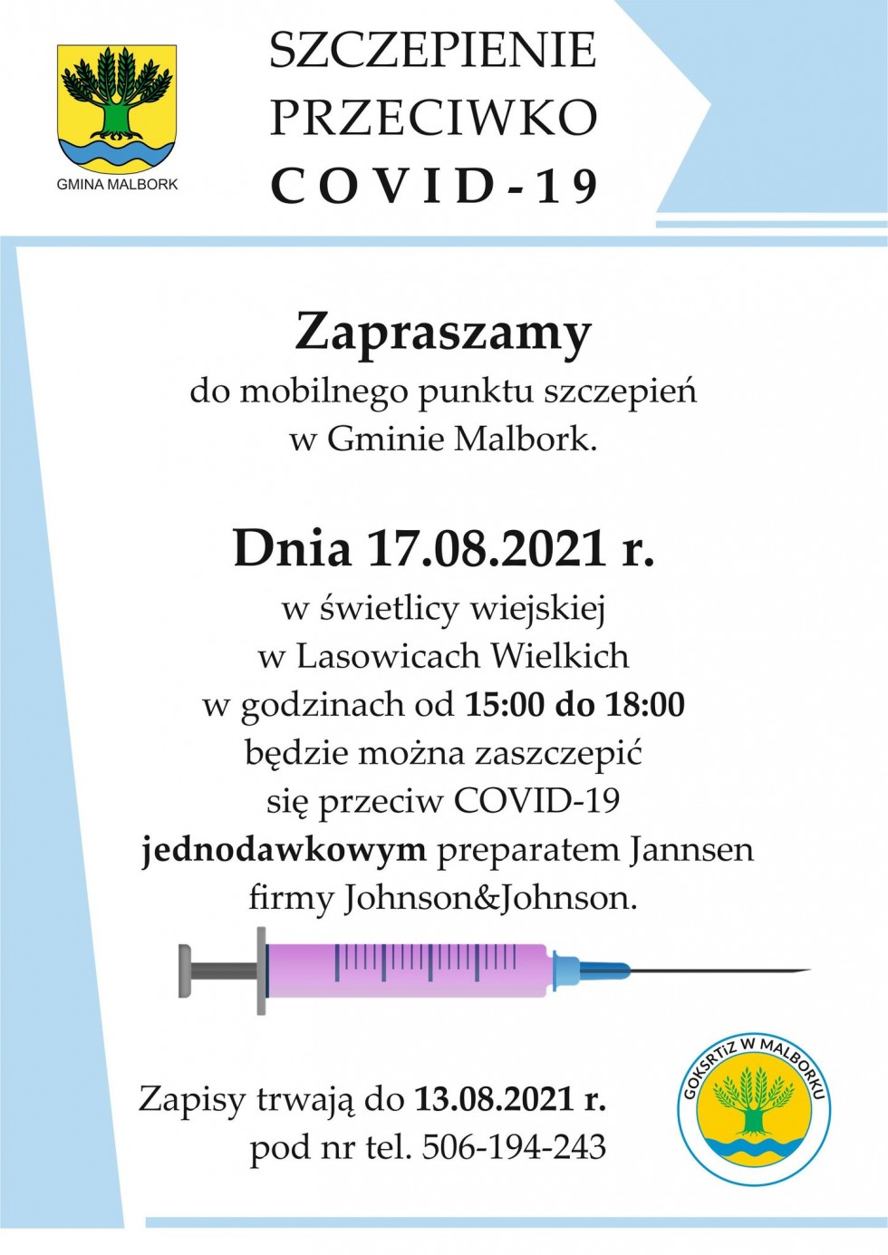 Gmina Malbork. Spisz się i zaszczep w mobilnym punkcie w Lasowicach Wielkich.