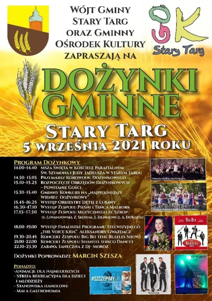Gmina Stary Targ zaprasza na Dożynki Gminne. Szczegóły na plakacie.