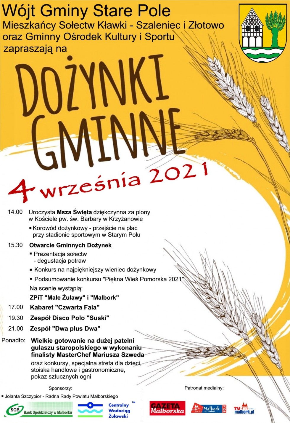 Gmina Stare Pole zaprasza na Dożynki Gminne. Szczegóły na plakacie.