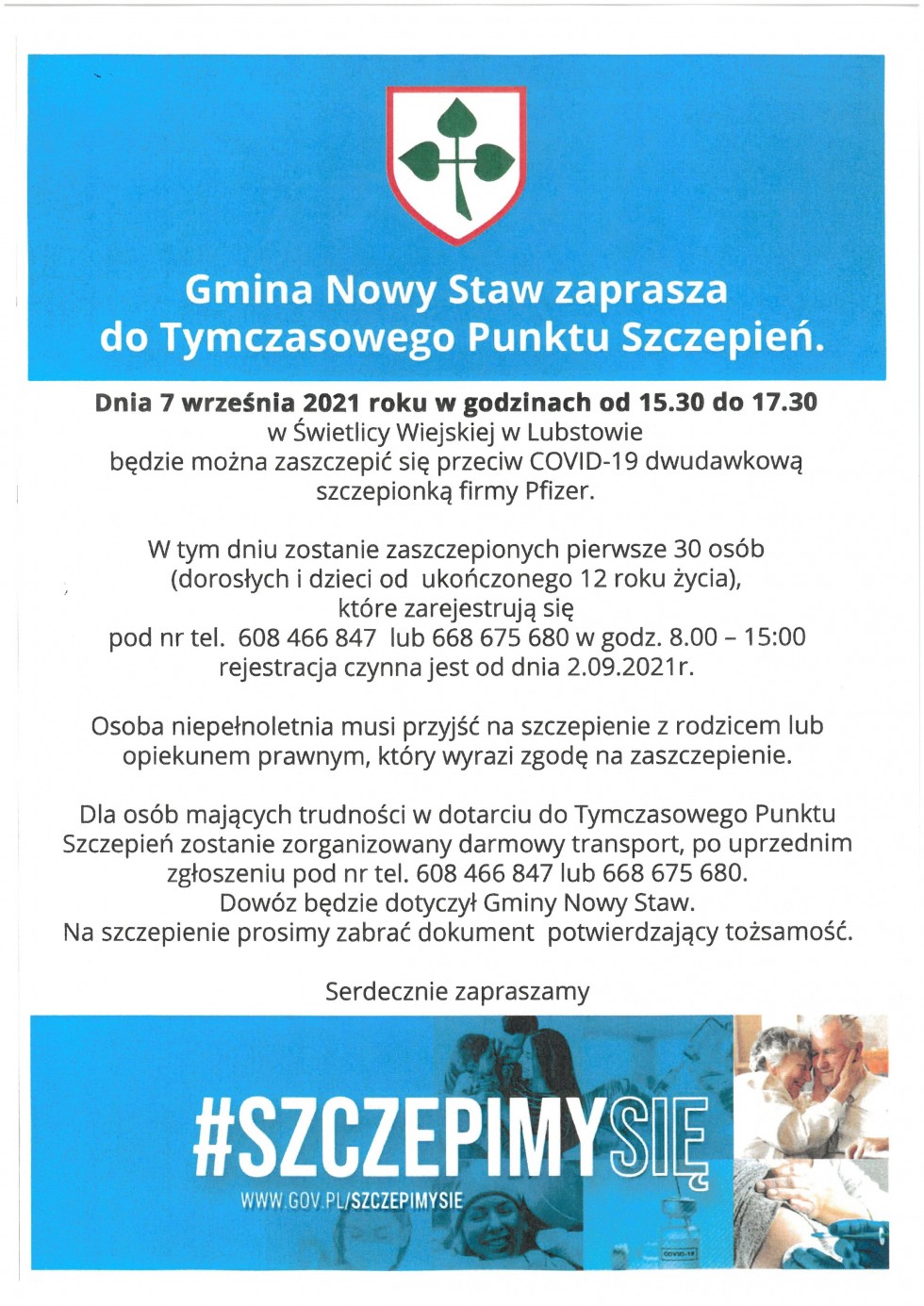 Gmina Nowy Staw zaprasza do Tymczasowego Punktu Szczepień w Lubstowie.
