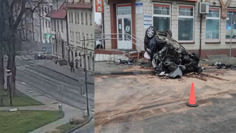 Braniewo. Osobówka roztrzaskała się o schody budynku. Nieprzytomny kierowca w szpitalu [wideo].