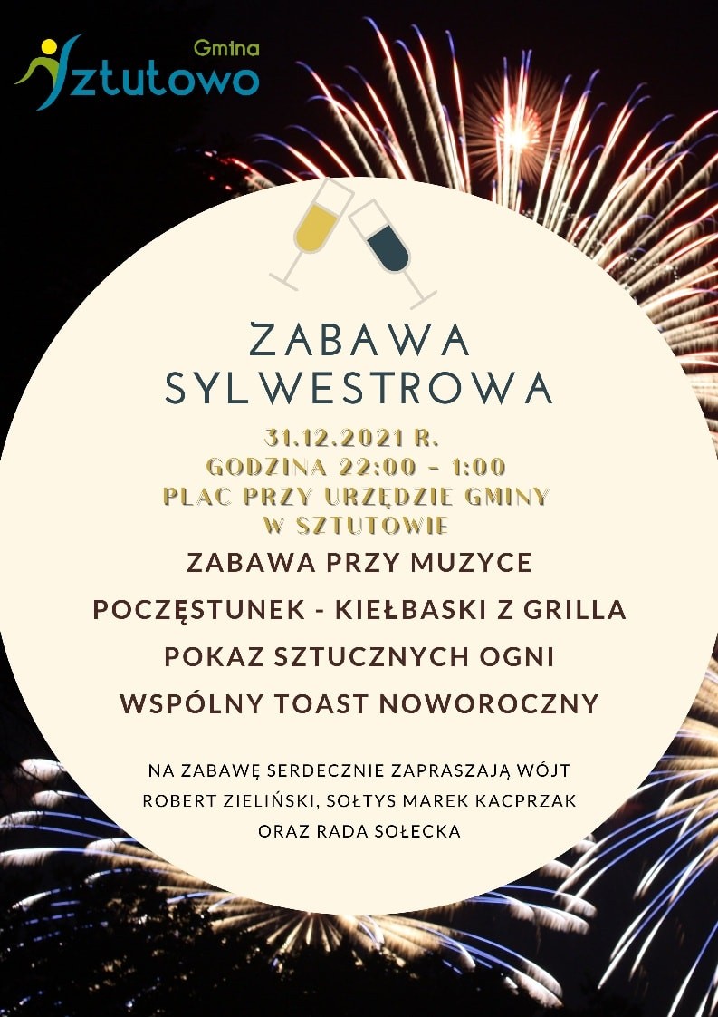 Wójt Gminy Sztutowo zaprasza na wspólna zabawę sylwestrową.