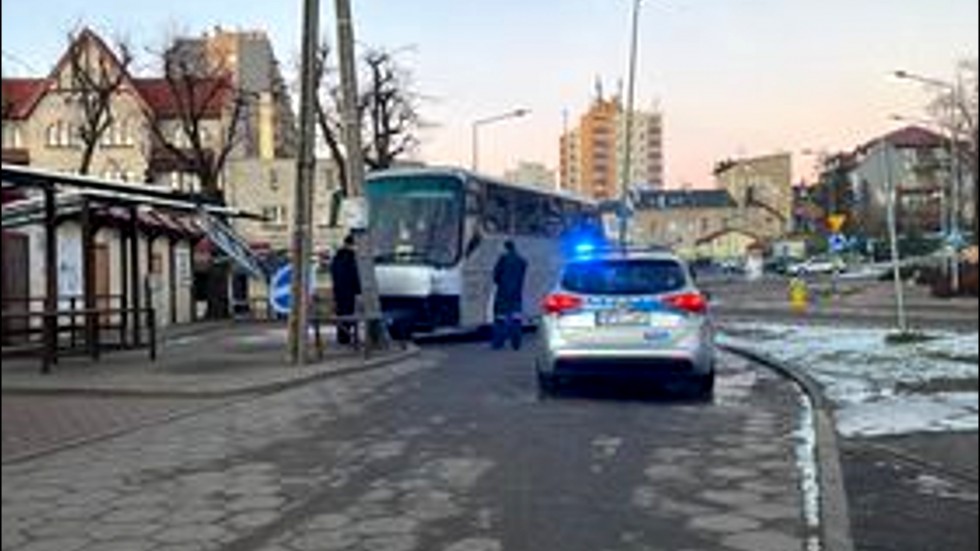 Malbork. Autobus uderzył w słup telegraficzny, po drodze uszkadzając lampę i znak drogowy.