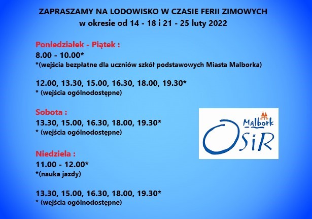 Malbork. Ferie zimowe na lodowisku miejskim.