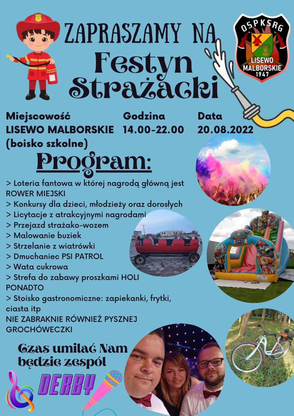OSP Lisewo Malborskie zaprasza na Festyn Strażacki. Szczegóły na plakacie.