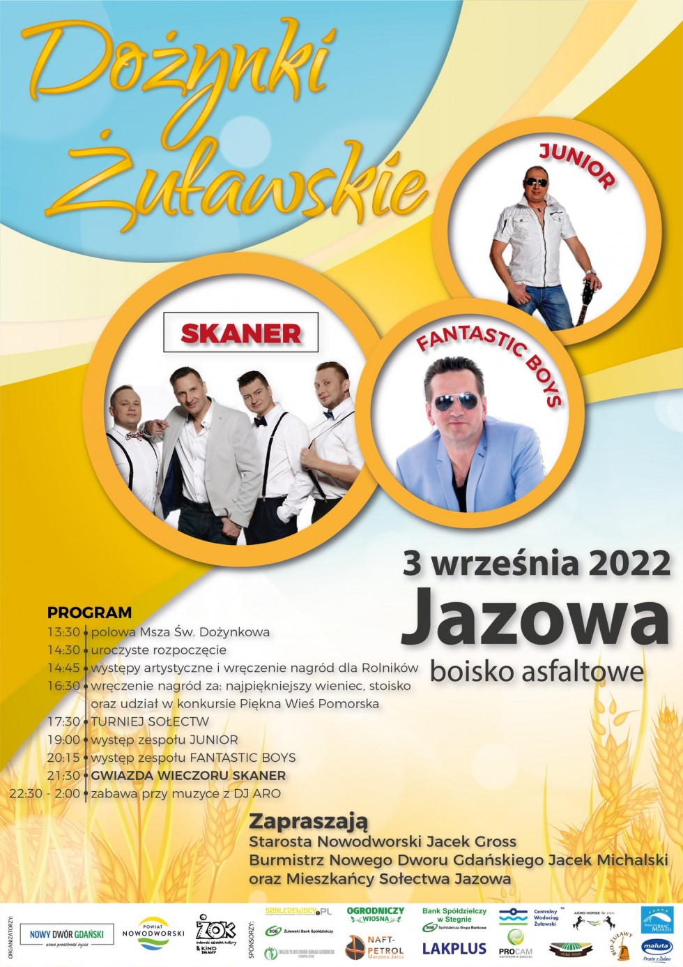 Powiat nowodworski. Dożynki Żuławskie w sołectwie Jazowa. Szczegóły na plakacie.