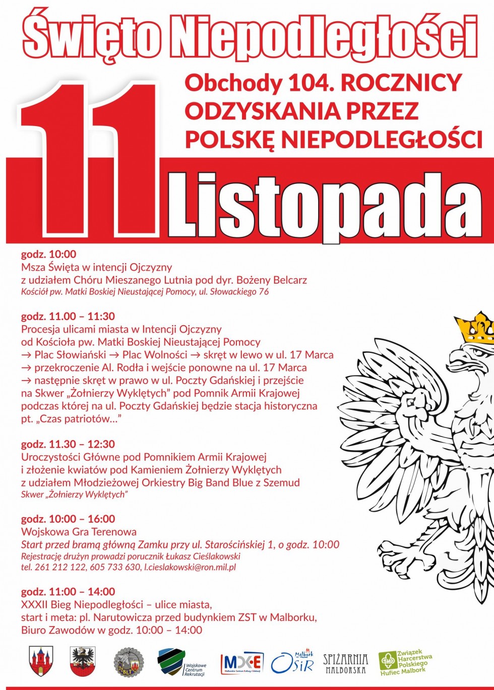 Malbork. Obchody 104. rocznicy odzyskania niepodległości. Szczegóły na plakacie.