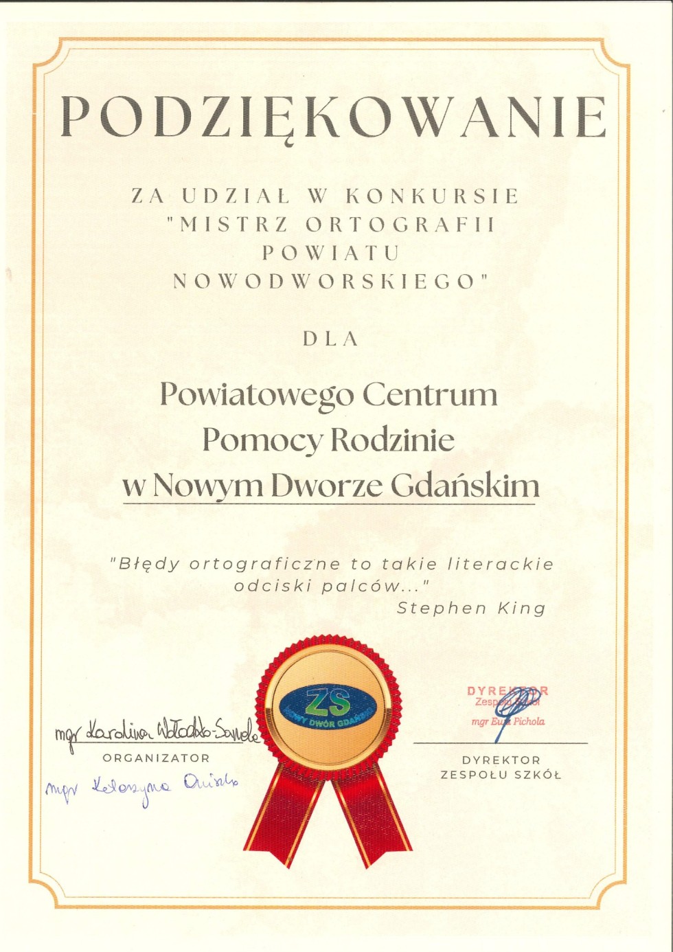 Nowy Dwór Gdański. Powiatowy Urząd Pracy najlepszy w konkursie ortograficznym.