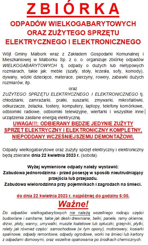 Gmina Malbork. 22 kwietnia odbędzie się zbiórka odpadów wielkogabarytowych oraz zużytego sprzętu elektrycznego i elektronicznego.