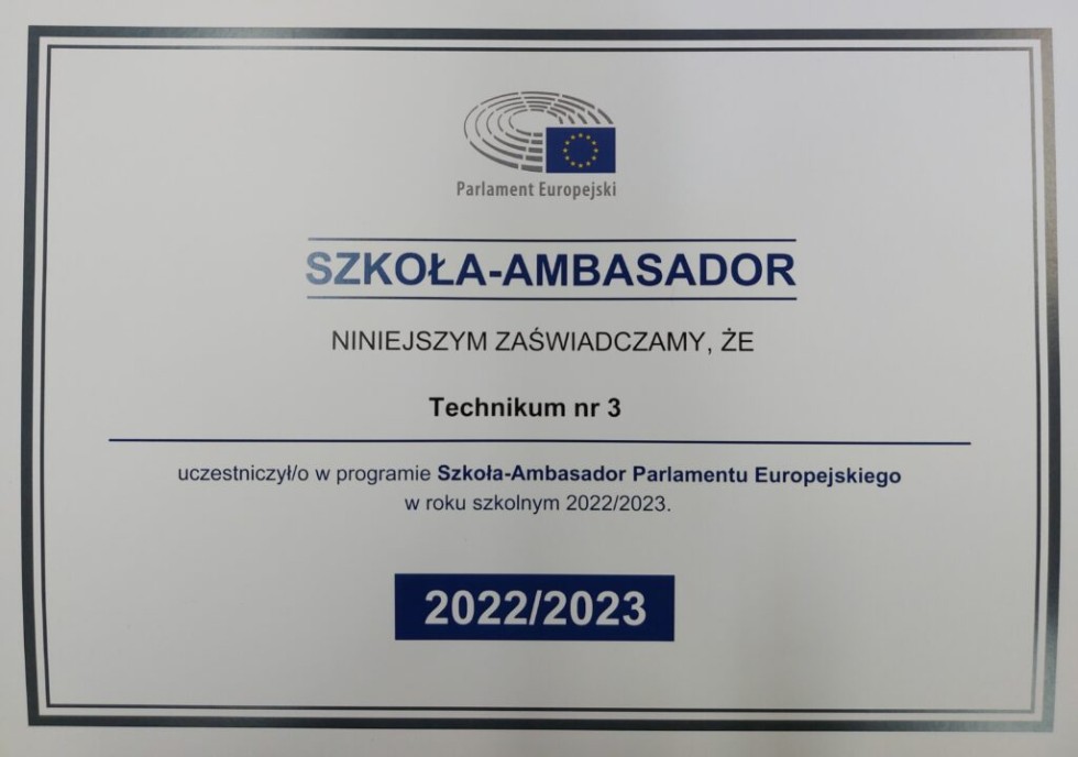Malbork. Technikum nr 3 po raz drugi Szkołą – Ambasadorem Parlamentu Europejskiego.