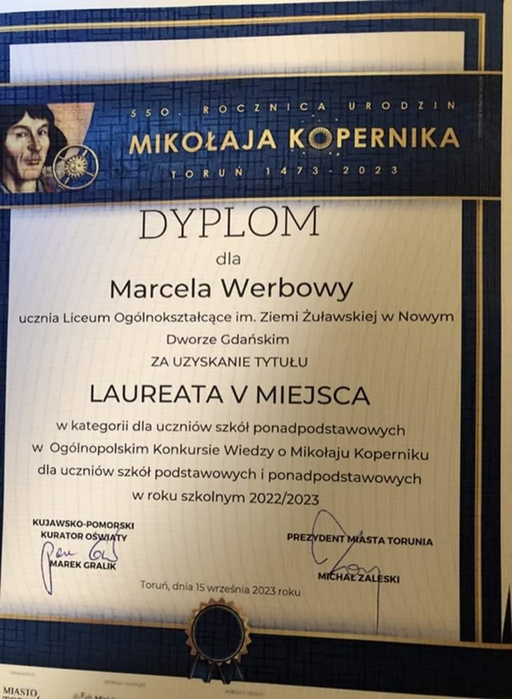 Nowy Dwór Gdański. Uczeń LO laureatem ogólnopolskiego konkursu o Mikołaju Koperniku.