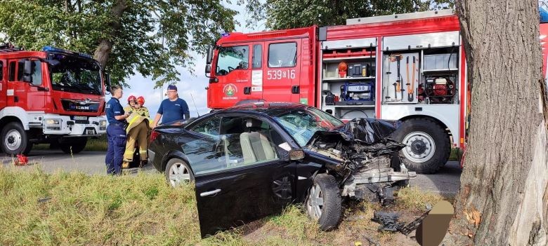 Powiat sztumski. Osobówka uderzyła w drzewo – pasażerka trafiła do szpitala.
