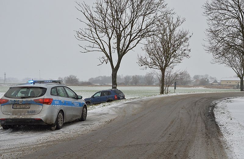 Gmina Nowy Staw. Auto wpadło w poślizg i uderzyło w drzewo - kobieta trafiła do szpitala.