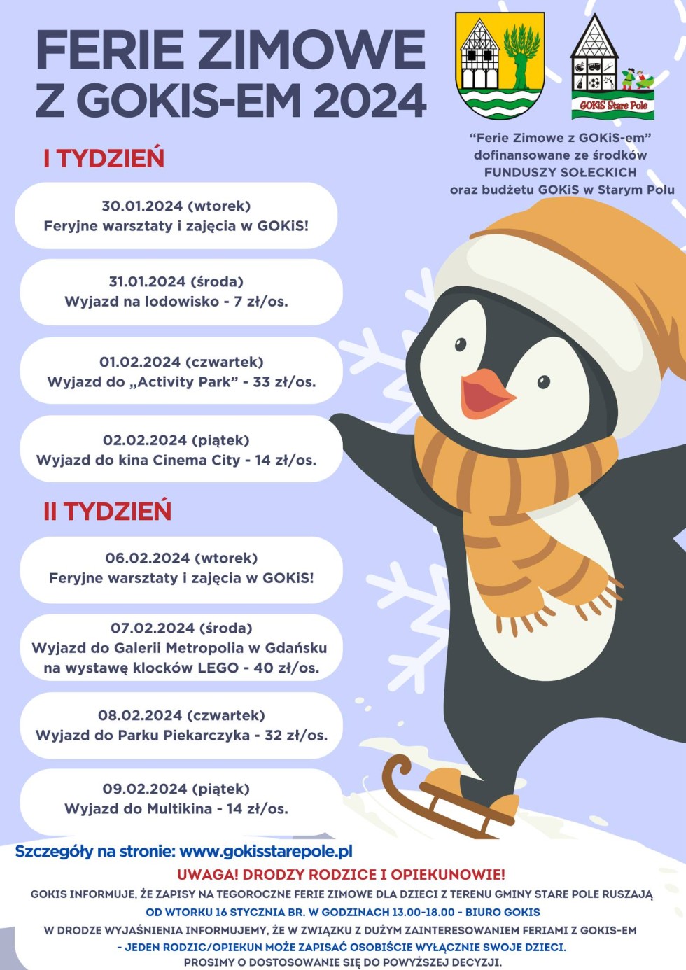 Gmina Stare Pole zaprasza na Ferie Zimowe z GOKiS-em 2024.