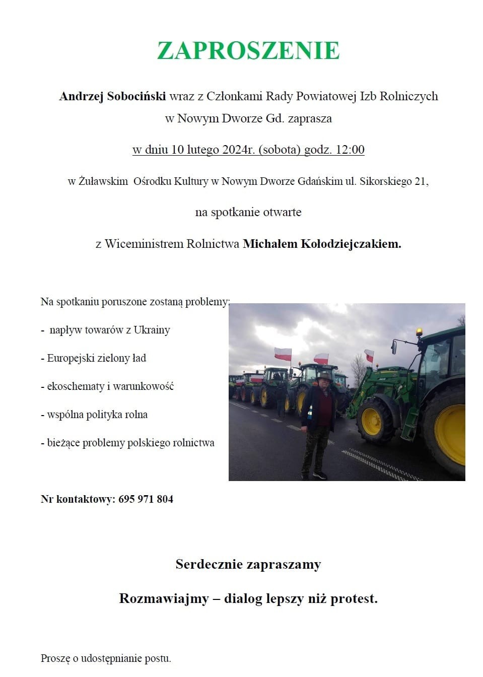 Nowy Dwór Gdański. Zaproszenie na spotkanie z wiceministrem rolnictwa Michałem Kołodziejczakiem.