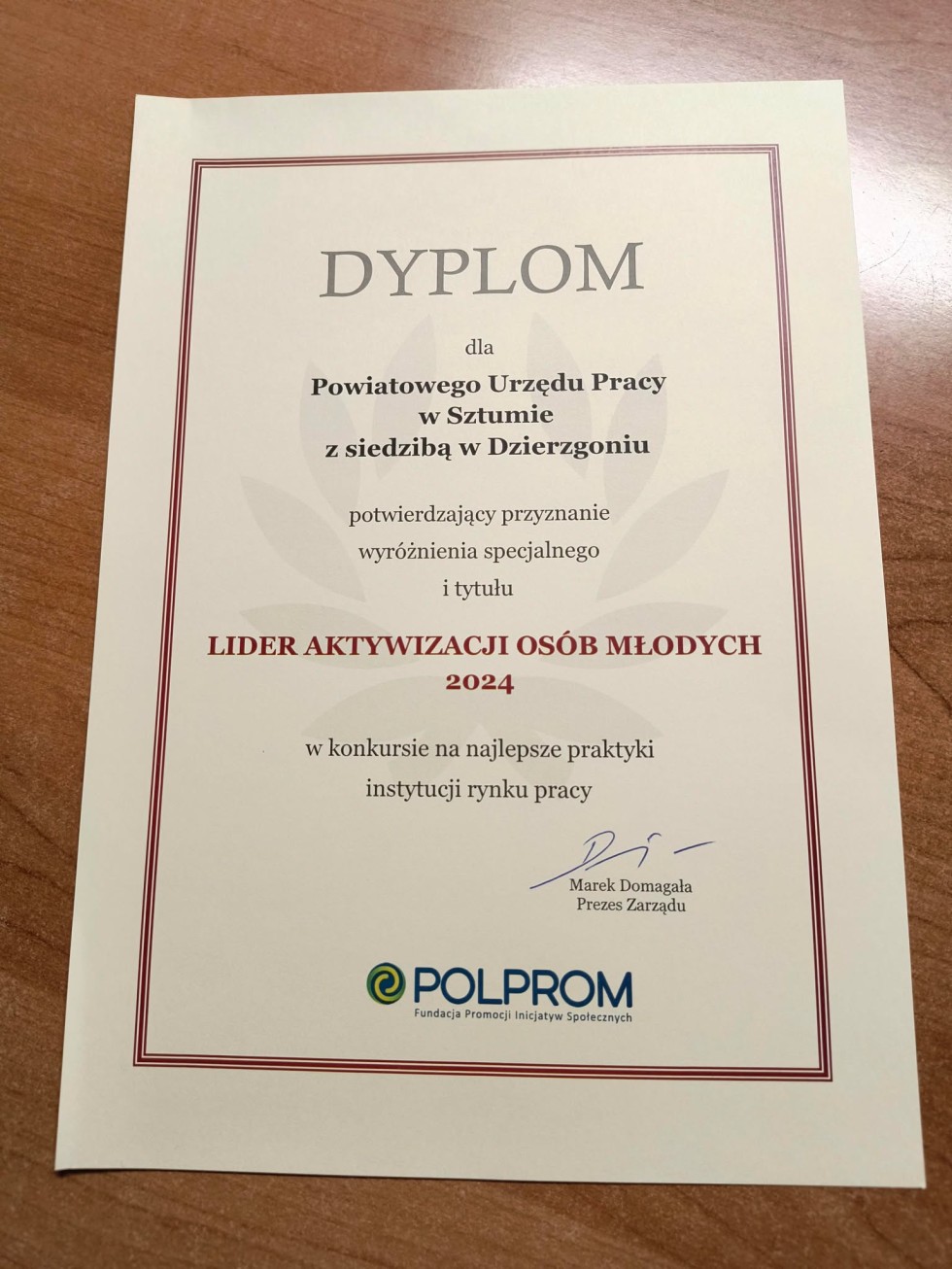 Powiatowy Urząd Pracy w Sztumie z siedzibą w Dzierzgoniu - Liderem Aktywizacji Osób Młodych.