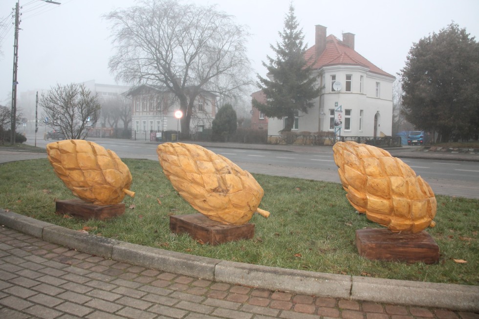 Trzy szyszki – nowa rzeźba przed budynkiem Starostwa Powiatowego w Sztumie.