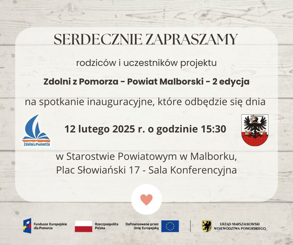 Wkrótce spotkanie inauguracyjne projektu Zdolni z Pomorza – Powiat Malborski.