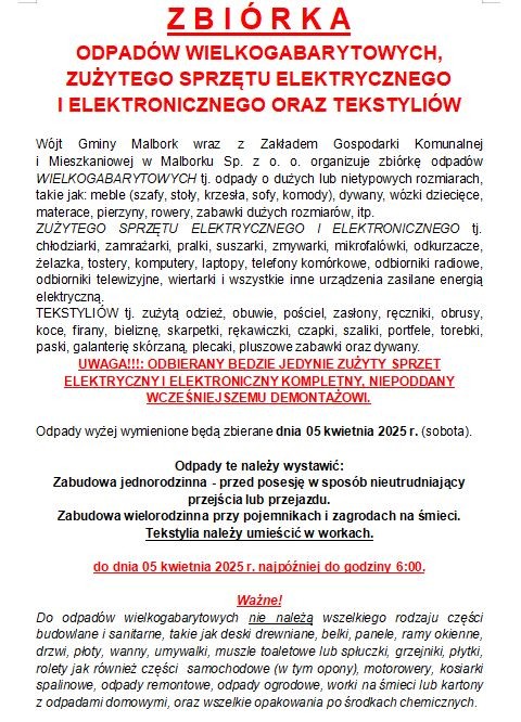 Gmina Malbork. 5 kwietnia zbiórka odpadów wielkogabarytowych oraz zużytego sprzętu elektrycznego i elektronicznego.