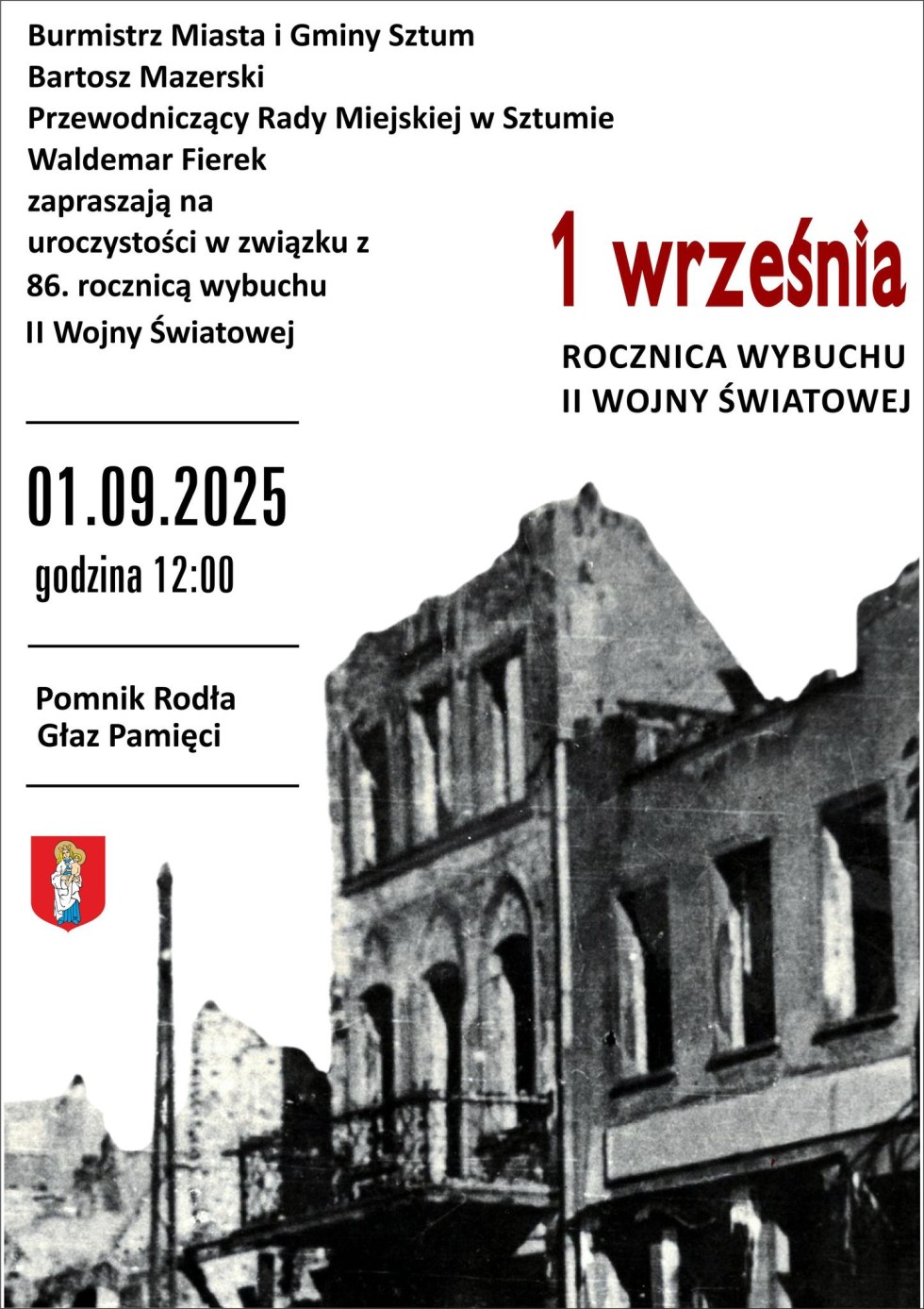 Sztum uczci 86. rocznicę wybuchu II wojny światowej.