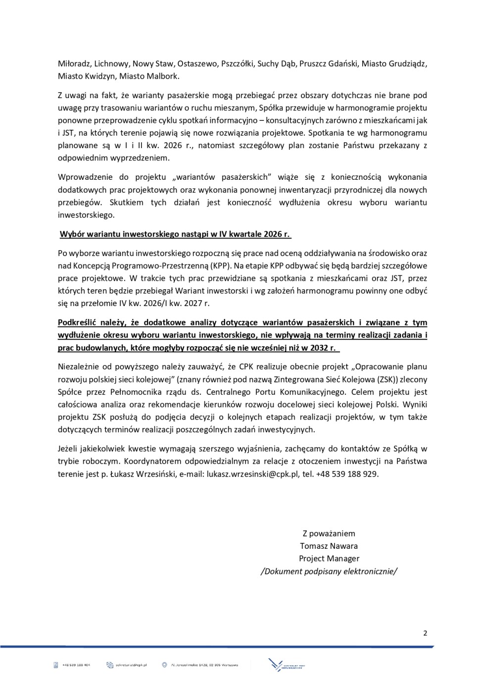 CPK przesuwa wybór wariantu inwestorskiego dla nowej linii kolejowej.
